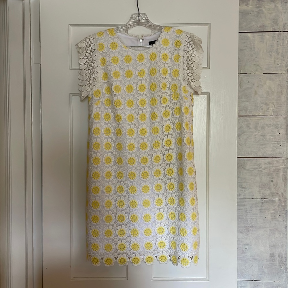 J Crew Embroidered and Lined Short Yellow and White Dress